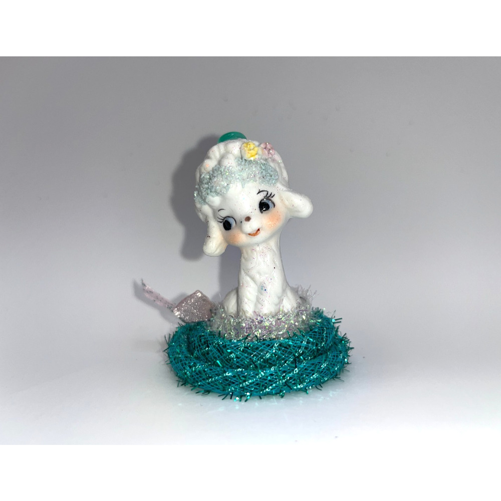 Vintage Miniature Ceramic Easter Lamb Sheep Blue Heart Flower Valentine OMG OOAK